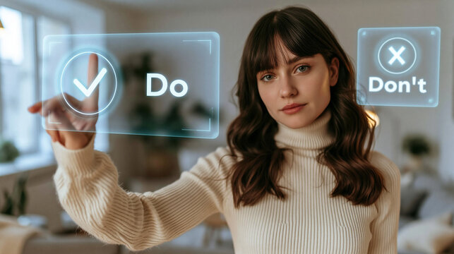 Decision Guidance: A woman interacts with a holographic interface displaying Do and Don't options, representing choice and guidance.