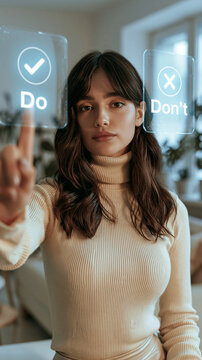 Making the Right Choice: A thoughtful young woman contemplates a virtual interface presenting a binary decision: Do with a checkmark or Don't with a cross.