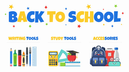 Naklejka premium Colorful vector illustration depicts school supplies including pencils calculators and backpacks against a white background backpack calculator crayons