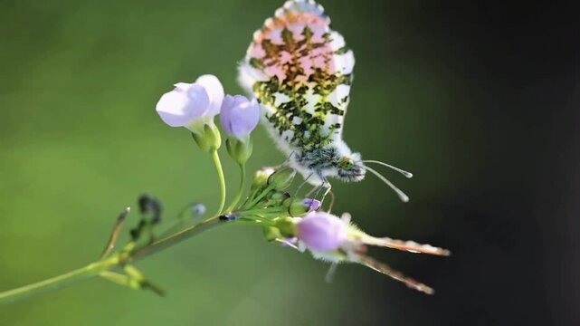 White and orange butterfly resting on small flowers in nature, close-up pollinator wildlife video