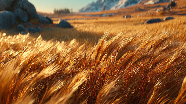 Golden wheat field swaying in the warm sunlight during a scenic harvest season