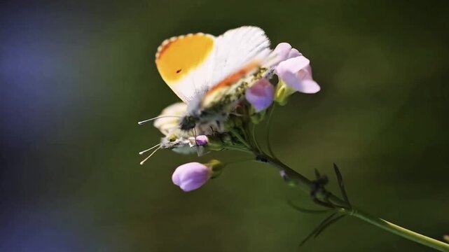 Two butterflies feeding on small pink flowers in nature, close-up pollinator wildlife video