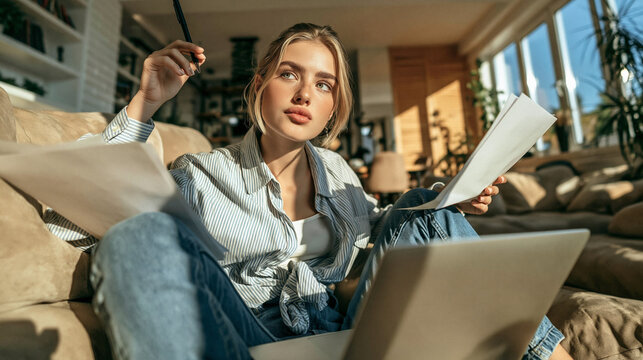 Focused Study Session: A young woman deeply engrossed in her studies, surrounded by the comfort of her home, with a laptop and papers spread out as she ponders her next move.