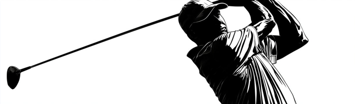 Golfer Mid-Swing: A dynamic black and white illustration captures a golfer in the powerful motion of a swing, club arcing through the air, ready to strike.