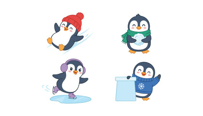 Obraz premium Cute Cartoon Penguin Character Set Sledding Ice Skating Holding Snowball and Building Snow Fort Winter Holiday Vector Mascot Graphic Designs