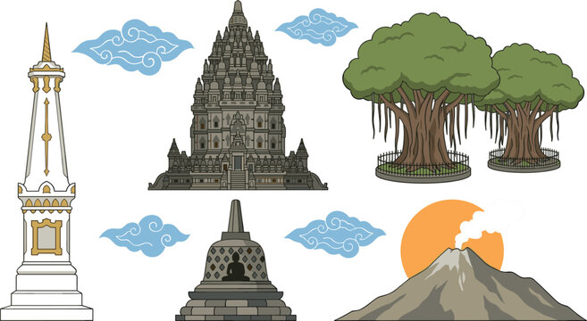Yogyakarta Landmark Vector Illustration Set with Borobudur and Prambanan Temples Tugu Monument Mount Merapi Volcano and Banyan Trees for Indonesia Travel Designs