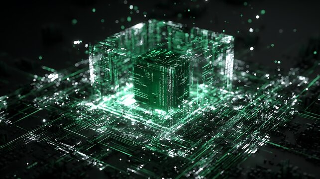 abstract blockchain energy matrix, luminous emerald core surrounded by layered digital grids, encrypted data streams