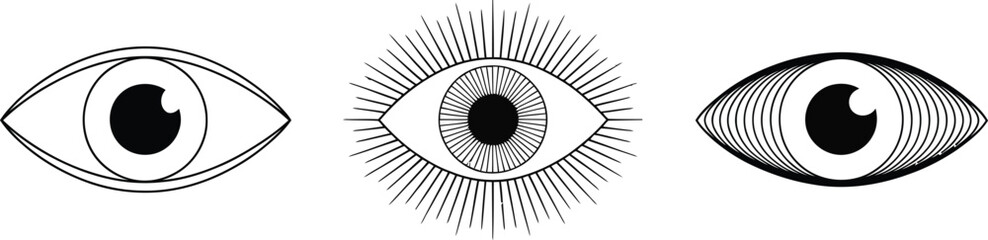Mystic eye icons set featuring line art style evil eye talismans celestial sunburst eyelashes and optical illusion line patterns vector graphics © Jannatun