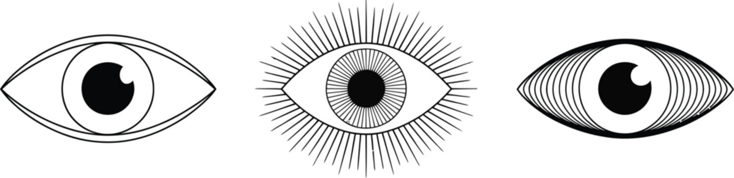 Mystic eye icons set featuring line art style evil eye talismans celestial sunburst eyelashes and optical illusion line patterns vector graphics