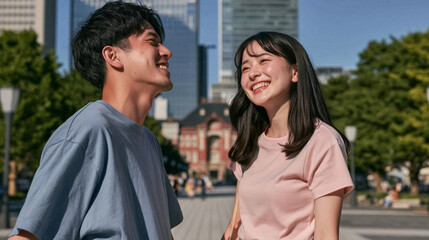 Fototapeta premium Young Couple's Joyful Stroll: A happy young couple shares a moment of laughter and connection while walking outdoors, with blurred city buildings and trees in the background.