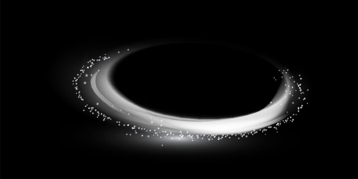 Magical light effect. Rotating luminous ellipses. Dynamic white rings on black background.