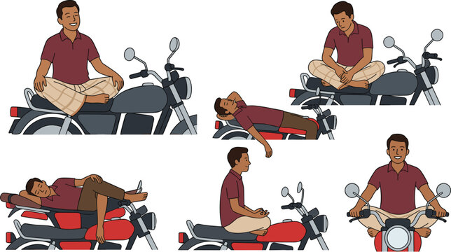 Indian Man in Lungi Relaxing and Sitting in Different Poses on Motorcycle Vector Illustration Set for South Asian Lifestyle Graphic Designs