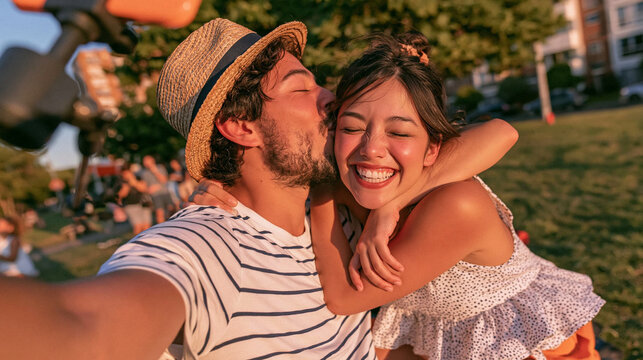 A Romantic Embrace: A young man in a straw hat kisses a joyful woman on the cheek, her eyes closed in happiness, as they embrace outdoors under the summer sun.