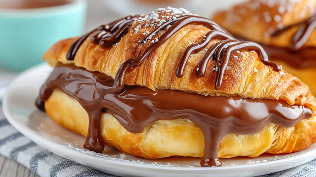 Flaky croissant filled and drizzled with rich chocolate spread on a white plate