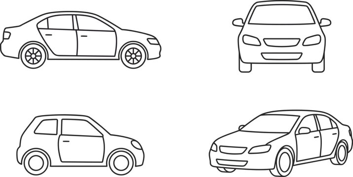 Sedan and hatchback car linear icons set with side front and perspective view outline transport vehicle sketches isolated on white background vector illustration