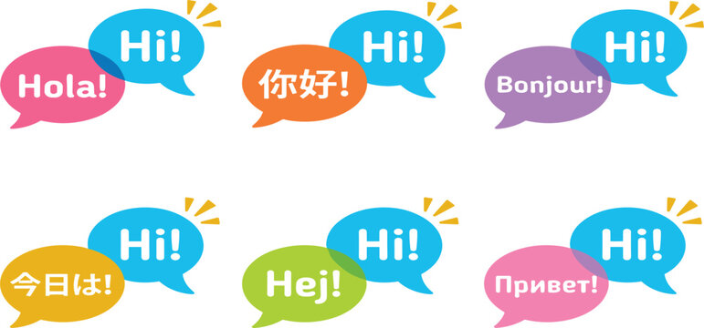 Multilingual Hello Speech Bubbles Vector Set with Greetings in English, Spanish, Chinese, French, Japanese, Swedish, and Russian for Communication Graphic Designs