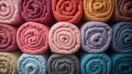 Fototapeta premium Rolled blanket collection in varied colors arranged in rows