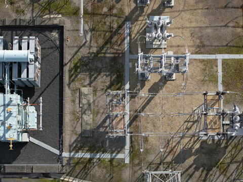 Ferntree Gully, Victoria, Australia - 24 August 2026: Aerial view of Ferntree Gully Zone Substation with electrical transformers, high voltage equipment, and metal structures.