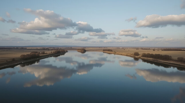 Aerial view of calm reservoir reflecting soft clouds and tranquil rural horizon