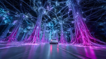 Fototapeta premium Connected Car Driving Through a Glowing Neuromorphic Silicon Forest of Neural Network Trees