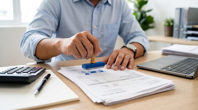 Close up of a professional businessman hand stamping a corporate document on a desk with a calculator and laptop for financial approval process