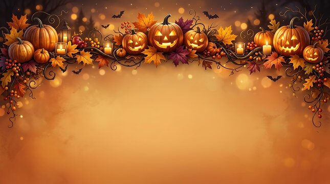 Halloween pumpkin border with glowing jack o lanterns