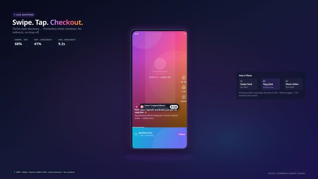 Mobile social commerce interface demonstrating seamless swipe to checkout user experience, for digital retail conversion, e-commerce funnel optimization, online shopping trends, user flow