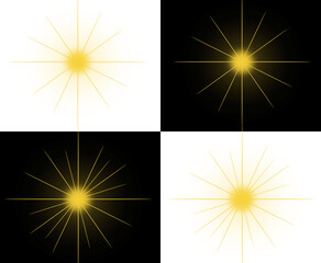 Fototapeta premium Golden starburst light effects with glowing sparkles and lens flare rays isolated on black