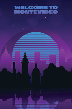 Synthwave Montevideo poster with welcome to text, retro skyline silhouette vector graphic illustrations. Neon sunset background featuring 80s futuristic Uruguay cityscape and grid reflection