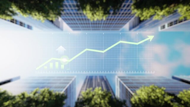 Rising financial chart arrow overlay modern city skyscrapers low angle perspective highlighting business growth success stock market investment green energy corporate architecture digital 3d render.