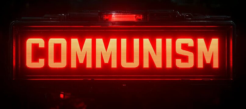 Communism red neon light sign with blinking effect. Generative video AI technology.	
