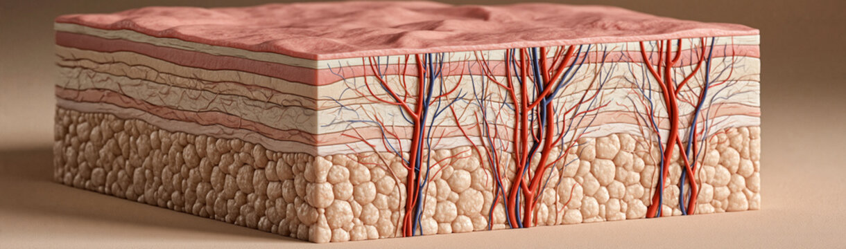 Cross-section of Human Skin Layers: A detailed anatomical illustration displays the intricate layers of human skin, highlighting the epidermis, dermis.