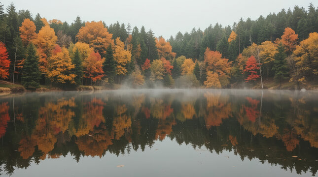 Autumn forest reflected on still pond during misty morning light