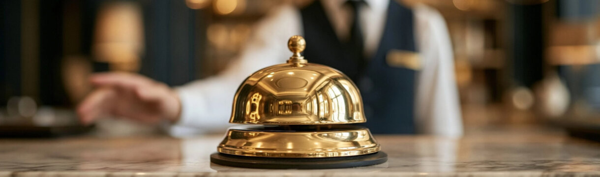 Hotel Concierge Bell: A polished brass concierge bell sits on a marble counter, ready to summon service, as a uniformed hotel attendant's hand reaches towards it.