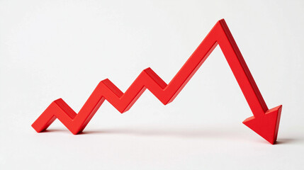 Obraz premium Red Downward Trend Arrow: A sharp red arrow zigzags downwards, signifying a steep decline or negative trend in a conceptual depiction of financial loss or business failure.