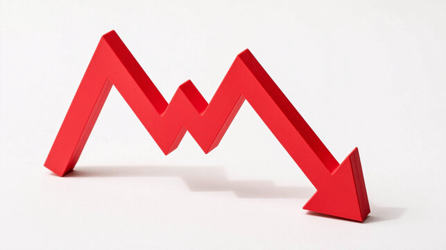 Red Downward Trend Graph: A bold red graph line charting a significant downward trend, symbolizing a decline in market performance or economic downturn.