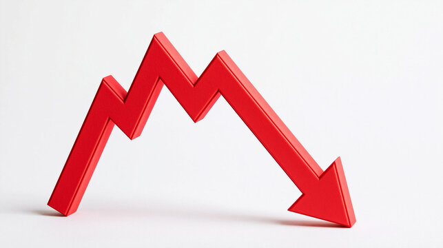 Downward Trend Red Arrow: A stark red arrow charting a steep downward trajectory, symbolizing a sharp decline in market performance or economic downturn.