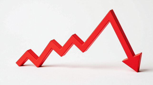 Red Downward Trend Arrow: A sharp red arrow zigzags downwards, signifying a steep decline or negative trend in a conceptual depiction of financial loss or business failure.