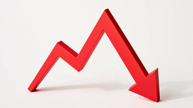 Red Arrow Down Graph: A sharp red arrow indicating a downward trend, symbolizing a financial market downturn, economic recession, or negative performance.