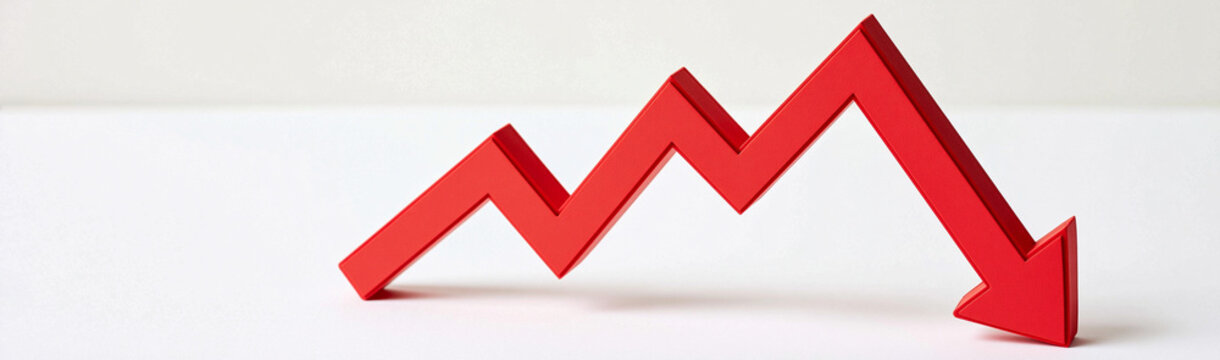 Red Downward Arrow Chart: A striking red arrow points decisively downwards, symbolizing financial decline, economic downturn, or a negative trend in a stark, minimalist presentation.