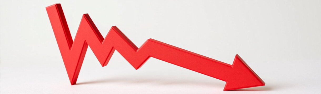 Red Downward Arrow Graph: A red arrow graph depicting a sharp decline, symbolizing financial loss or negative trends, presented in a clean, minimalist style.