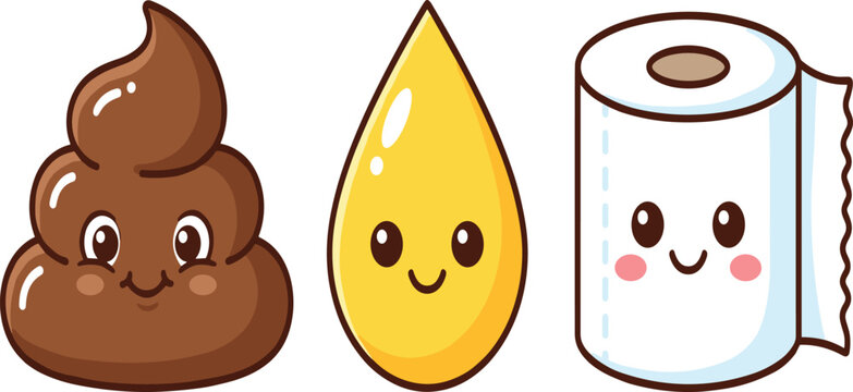 Cute Kawaii Bathroom Characters Vector Set with Poop, Urine Drop, and Toilet Paper Roll for Restroom and Sanitation Graphic Designs