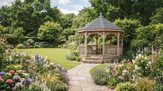 Wooden gazebo surrounded by lush flower gardens and a stone pathway in a peaceful country park with flower garden english garden stone path park pavilion garden