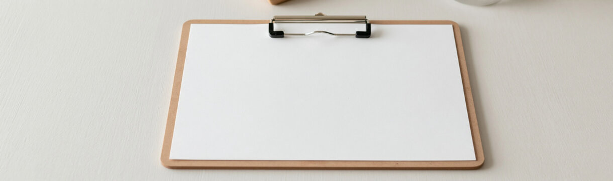 Blank Clipboard: A clean and simple clipboard with a blank white sheet of paper, ready for notes or a plan, set on a neutral surface.