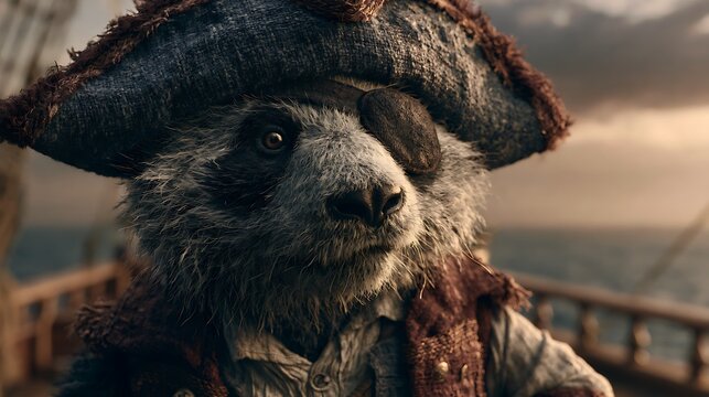 Anthropomorphic Giant Panda as a Pirate Captain on an Ancient Sailing Ship