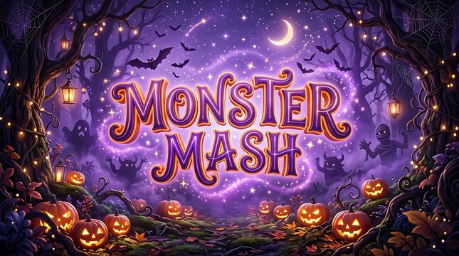 Monster mash text design with pumpkins in a spooky forest
