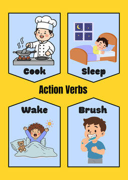 Educational action verbs flashcards for kids, illustrated daily routine activities set, children learning vocabulary poster