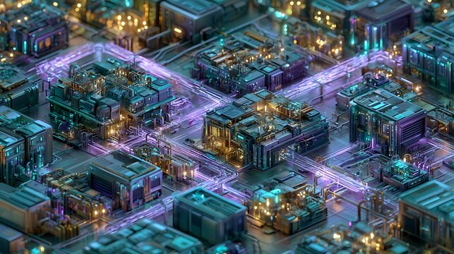Next-generation blockchain supercomputer facility, enormous computing machines connected through glowing energy pathways,