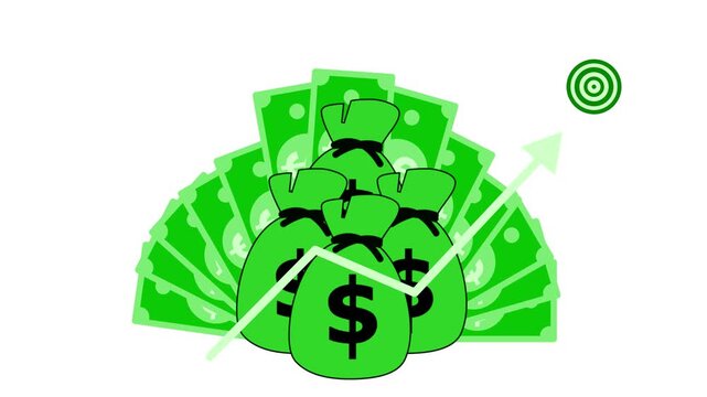 Money bags with upward arrow animation, Animation of money bags and bills with an upward arrow symbolizing financial growth
