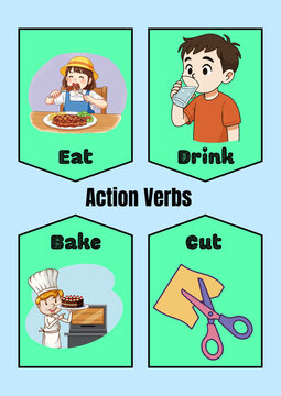 Educational action verbs flashcards for kids, set of 4 illustrated vocabulary cards, children learning English grammar and basic verbs